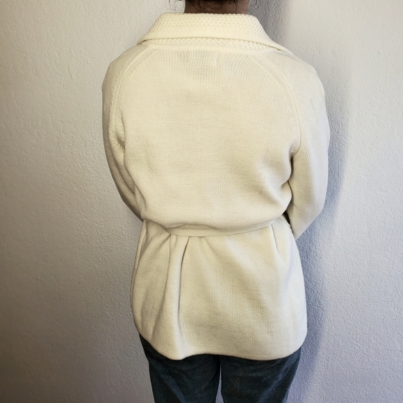 Vintage 70s Rochelle Ivory Belted Cardigan Grandpa Neutral - Picture 6 of 8